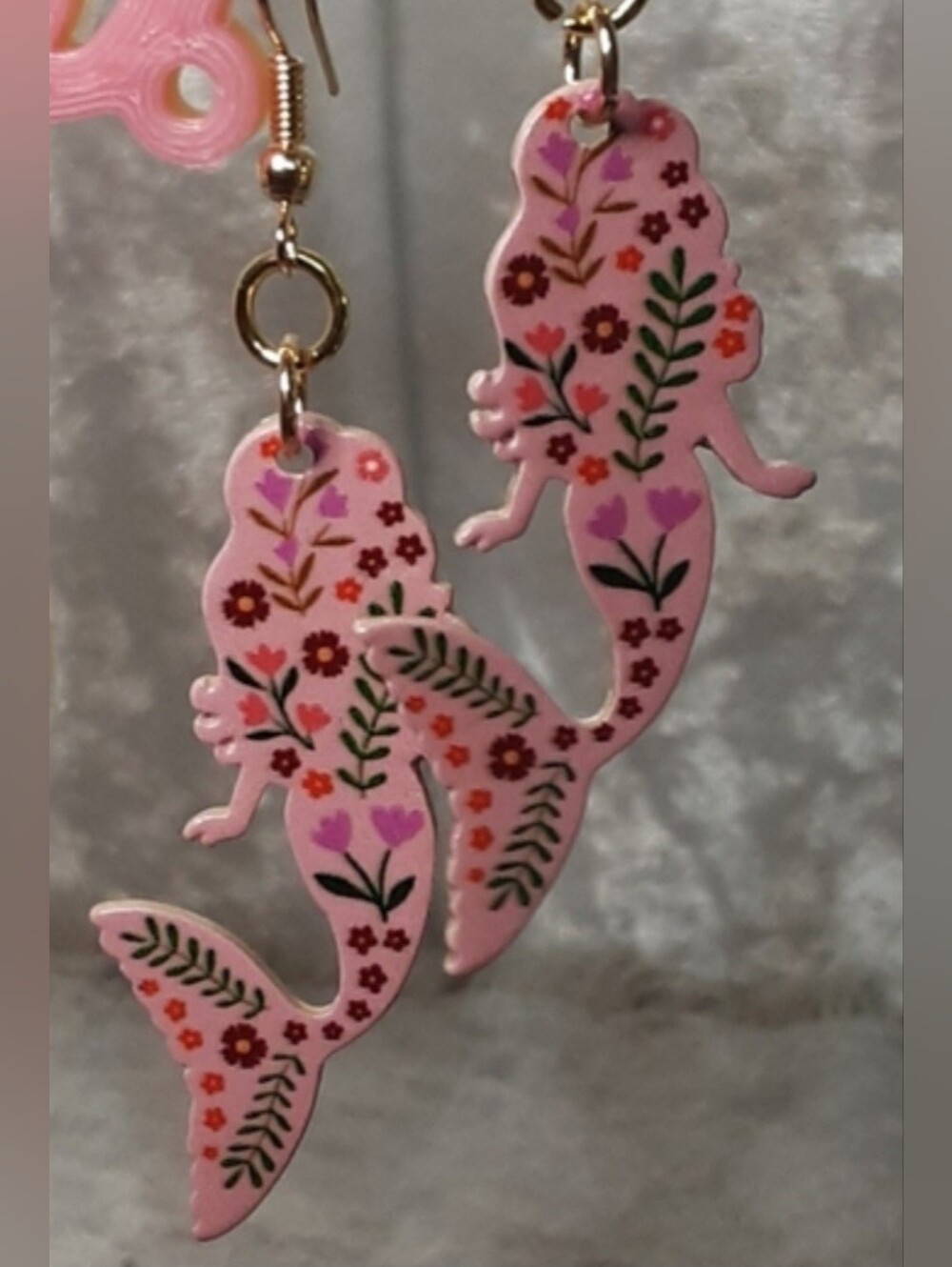 Handmade Pink With Flowers Enamel Mermaid Earrings